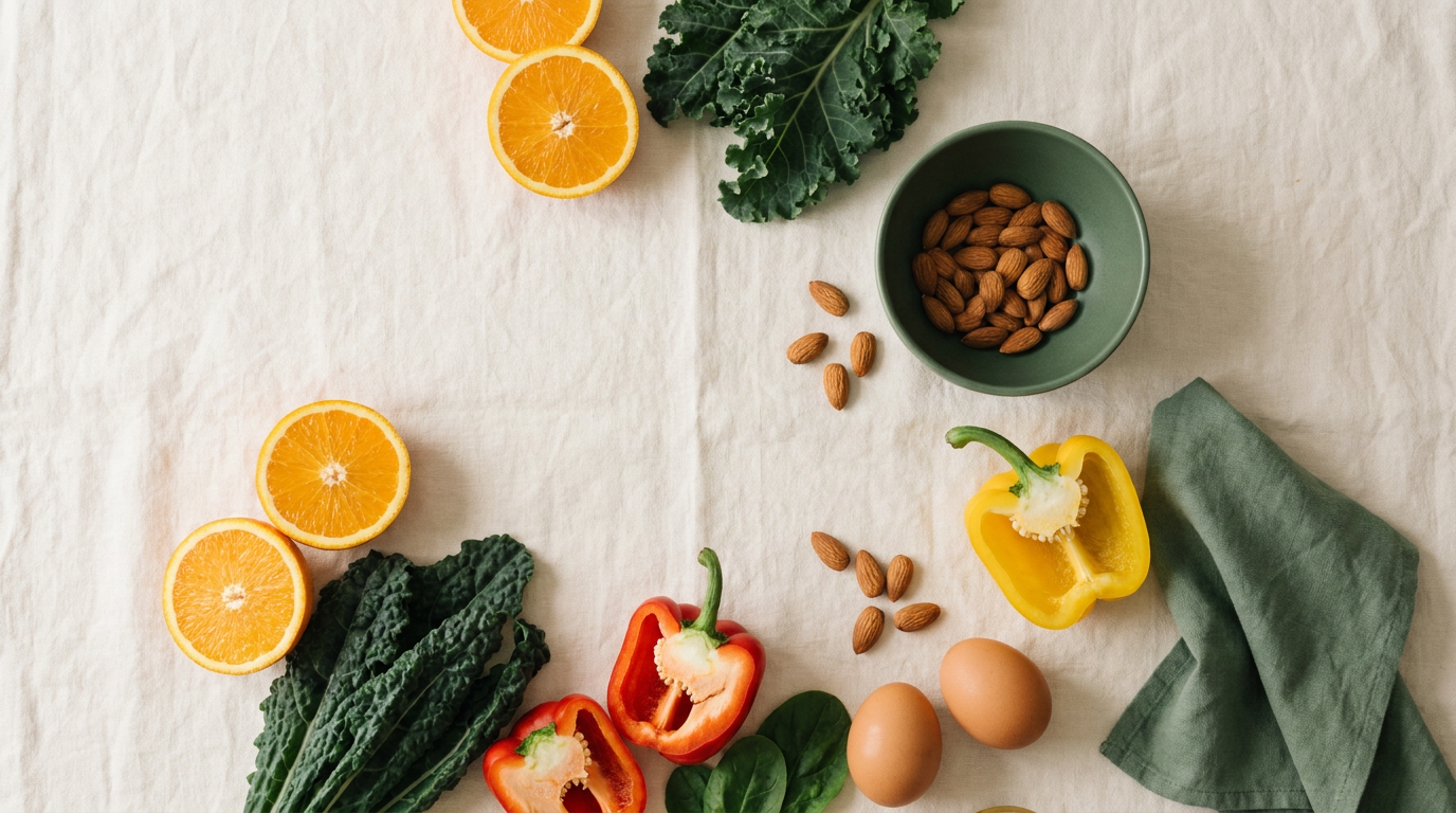 A colorful overhead spread of vitamin-rich whole foods — citrus, leafy greens, peppers, eggs and nuts — on a warm linen surface